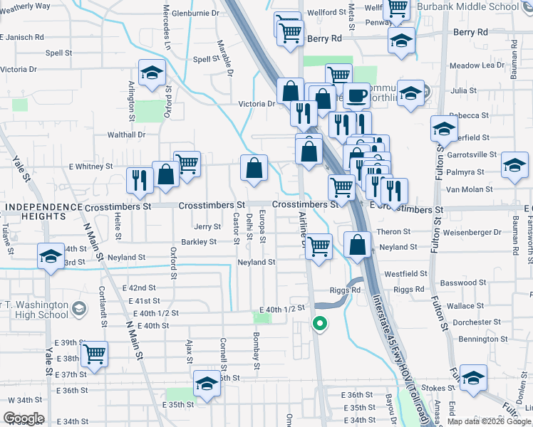 map of restaurants, bars, coffee shops, grocery stores, and more near 4310 Europa Street in Houston