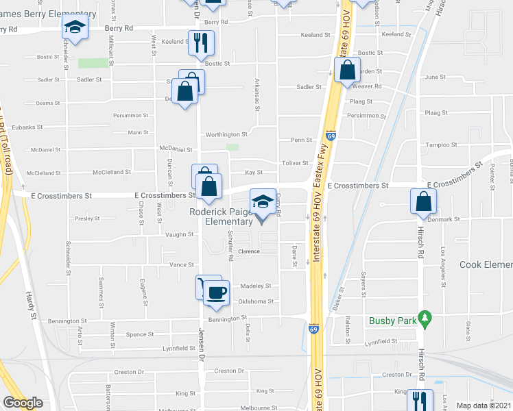 map of restaurants, bars, coffee shops, grocery stores, and more near 7501 Curry Road in Houston
