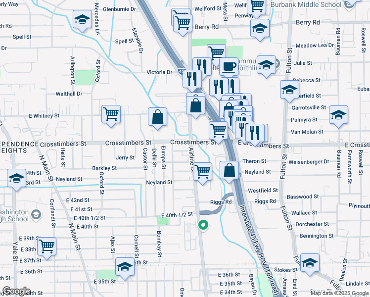 map of restaurants, bars, coffee shops, grocery stores, and more near 1221 Barkley Street in Houston