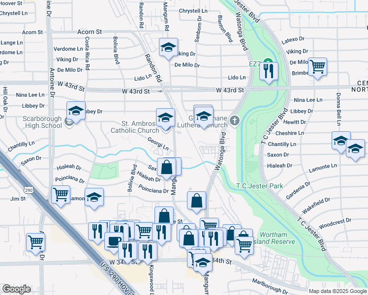 map of restaurants, bars, coffee shops, grocery stores, and more near 4822 Chantilly Lane in Houston