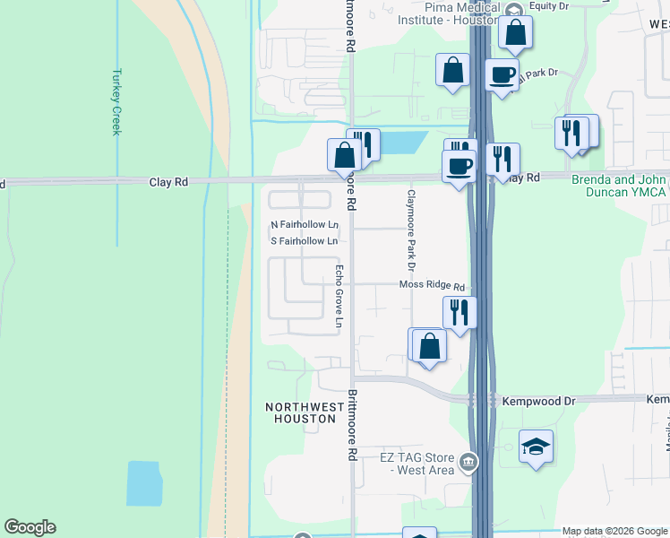 map of restaurants, bars, coffee shops, grocery stores, and more near 3802 Mesa Ridge Road in Houston