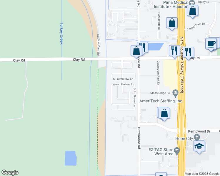 map of restaurants, bars, coffee shops, grocery stores, and more near 3807 Mountain Rose Lane in Houston