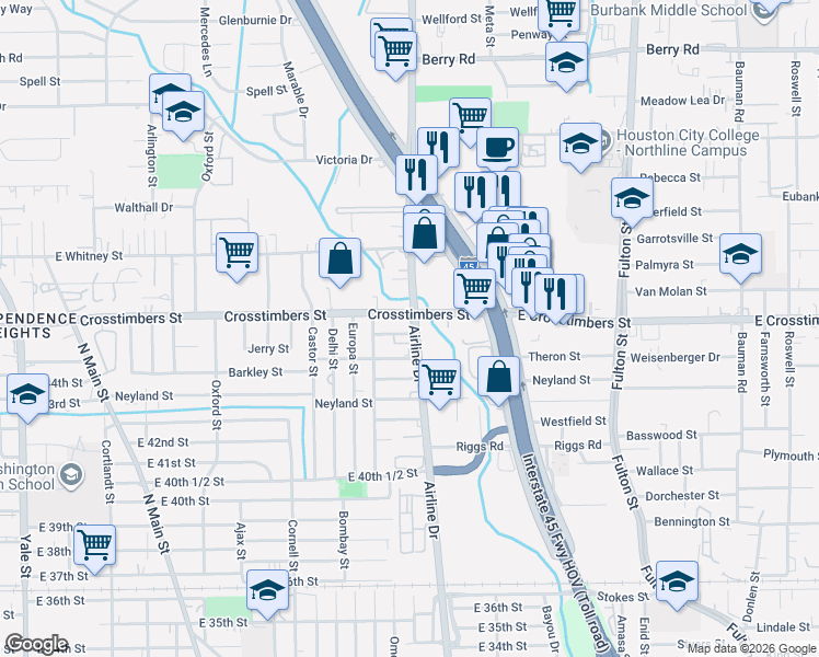 map of restaurants, bars, coffee shops, grocery stores, and more near 4321 Airline Drive in Houston