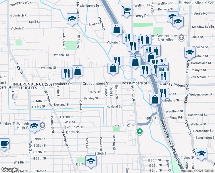 map of restaurants, bars, coffee shops, grocery stores, and more near 4304 Castor Street in Houston
