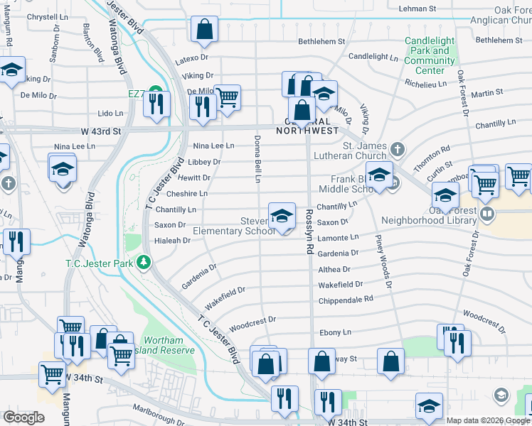 map of restaurants, bars, coffee shops, grocery stores, and more near 2003 Saxon Drive in Houston