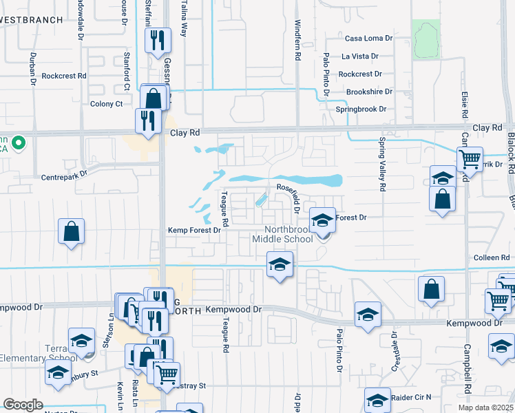 map of restaurants, bars, coffee shops, grocery stores, and more near 3108 Planters Peak Drive in Houston