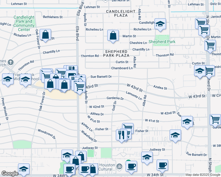map of restaurants, bars, coffee shops, grocery stores, and more near in Houston