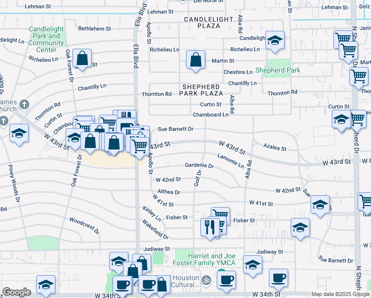 map of restaurants, bars, coffee shops, grocery stores, and more near in Houston