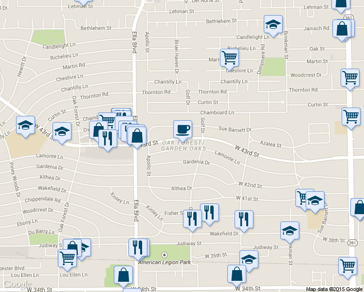 map of restaurants, bars, coffee shops, grocery stores, and more near in Houston