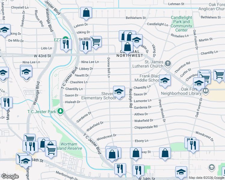 map of restaurants, bars, coffee shops, grocery stores, and more near 2003 Saxon Drive in Houston