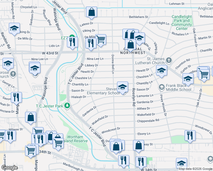 map of restaurants, bars, coffee shops, grocery stores, and more near 2035 Saxon Drive in Houston