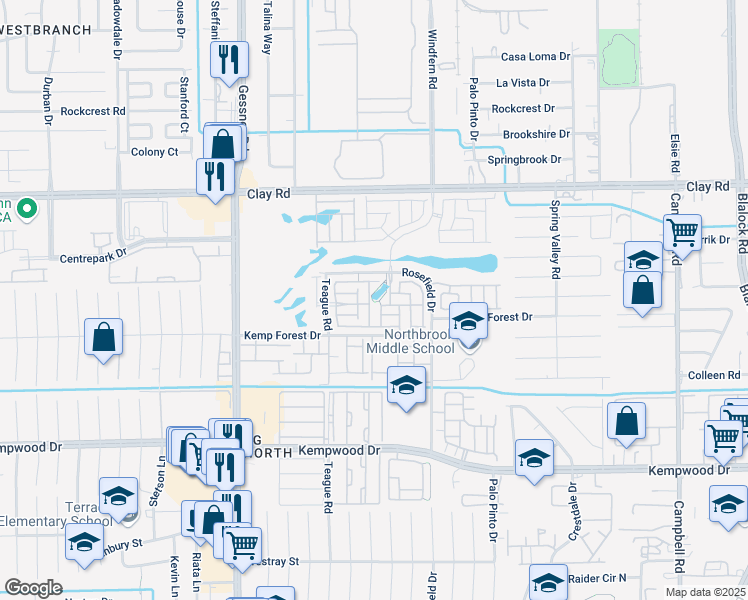 map of restaurants, bars, coffee shops, grocery stores, and more near 3108 Planters Peak Drive in Houston