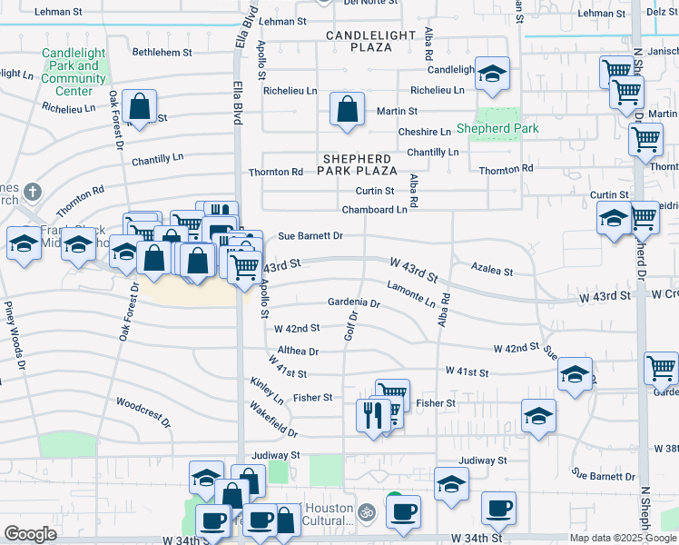 map of restaurants, bars, coffee shops, grocery stores, and more near in Houston