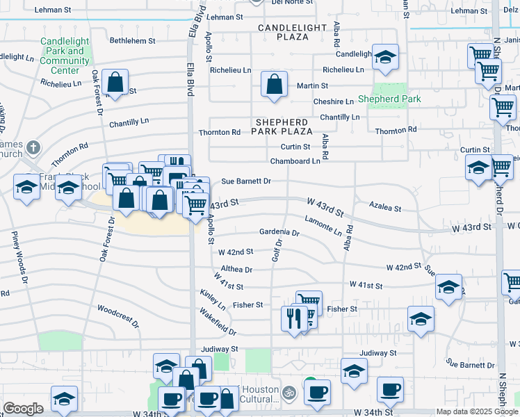 map of restaurants, bars, coffee shops, grocery stores, and more near in Houston