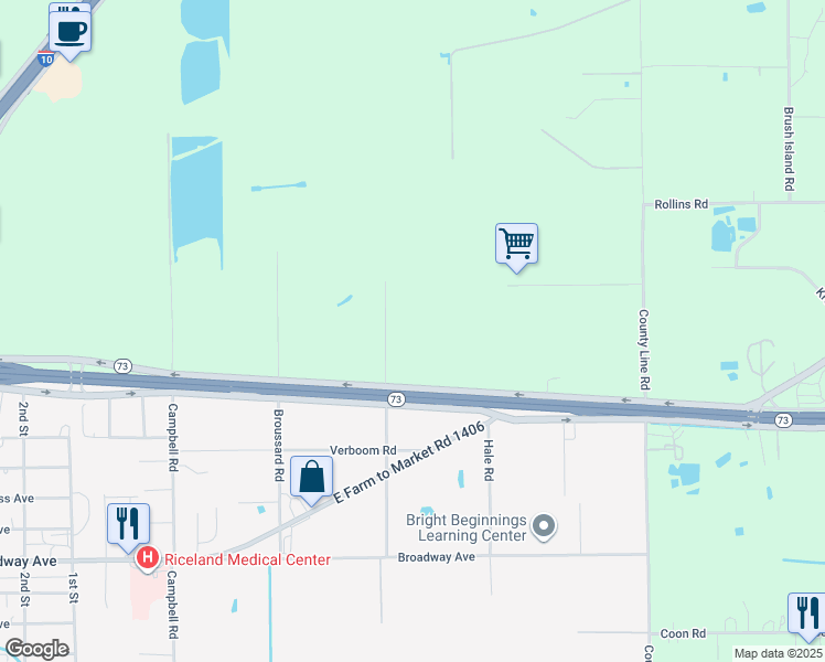 map of restaurants, bars, coffee shops, grocery stores, and more near 1331 Texas 73 in Winnie