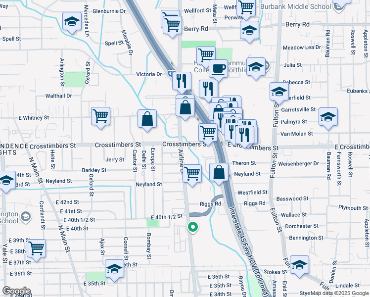 map of restaurants, bars, coffee shops, grocery stores, and more near 4306 Airline Drive in Houston