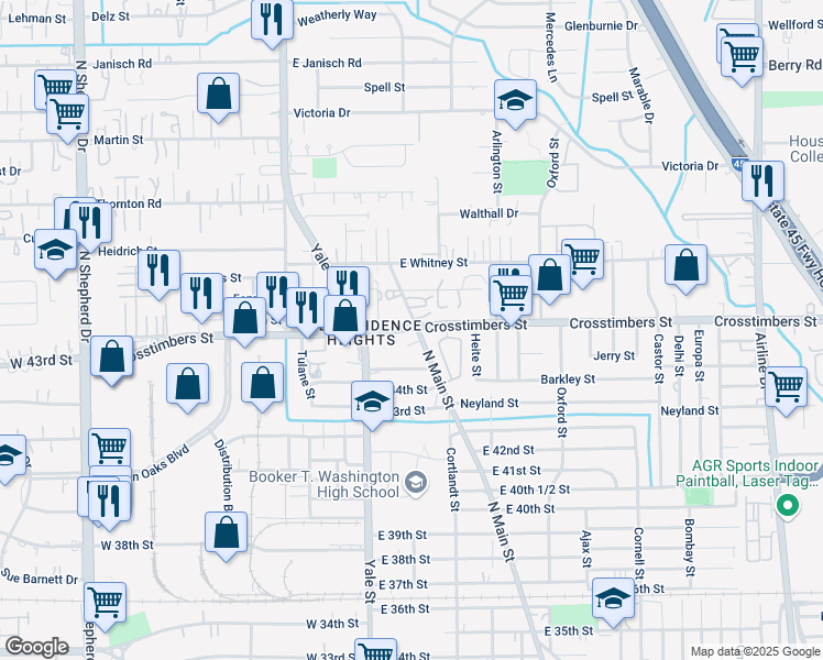 map of restaurants, bars, coffee shops, grocery stores, and more near 8909 North Main Street in Houston