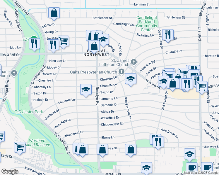 map of restaurants, bars, coffee shops, grocery stores, and more near 1635 Chantilly Lane in Houston
