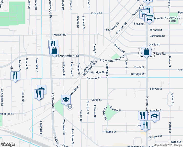 map of restaurants, bars, coffee shops, grocery stores, and more near 5502 Finch Street in Houston