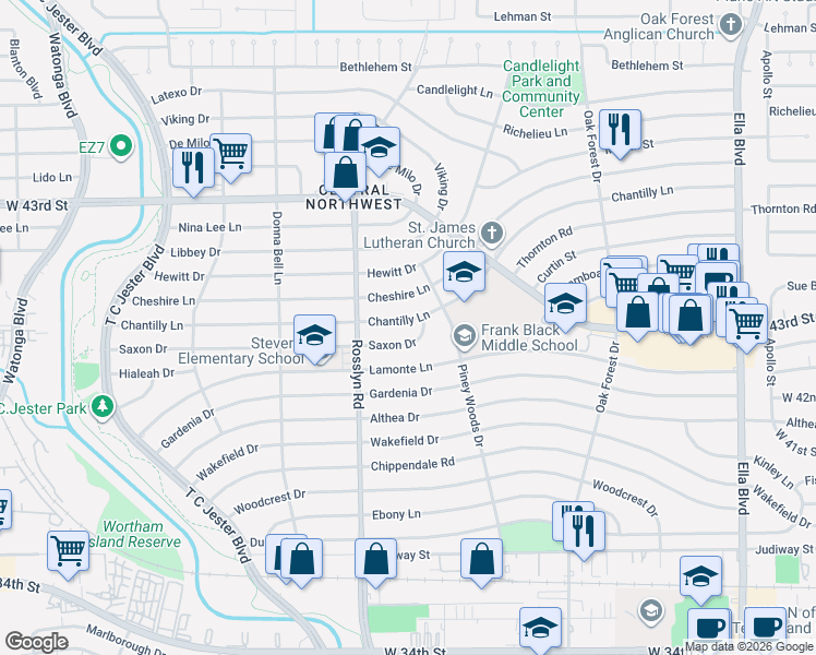 map of restaurants, bars, coffee shops, grocery stores, and more near 1610 Chantilly Lane in Houston