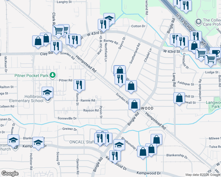 map of restaurants, bars, coffee shops, grocery stores, and more near Sowden Road in Houston
