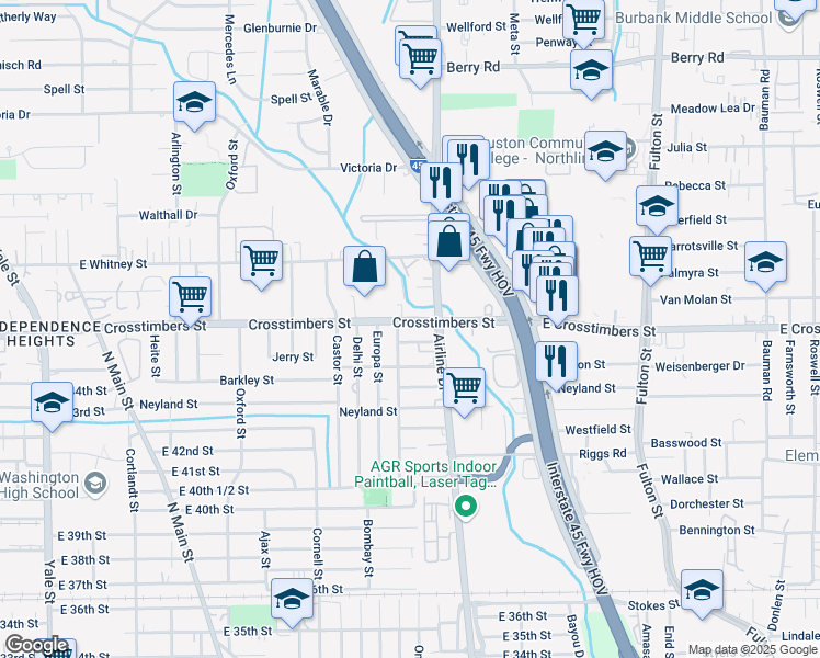 map of restaurants, bars, coffee shops, grocery stores, and more near 1217 Crosstimbers Street in Houston