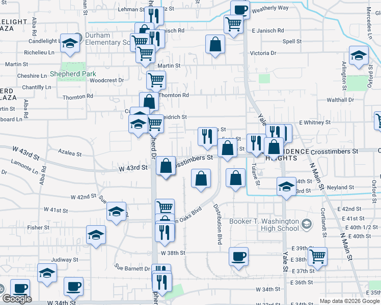 map of restaurants, bars, coffee shops, grocery stores, and more near 508 West Crosstimbers Street in Houston