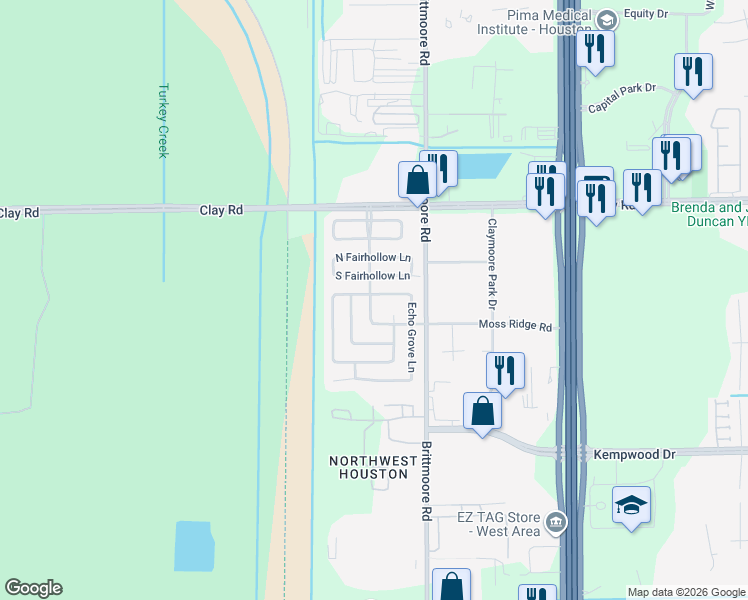 map of restaurants, bars, coffee shops, grocery stores, and more near 12003 South Fairhollow Lane in Houston