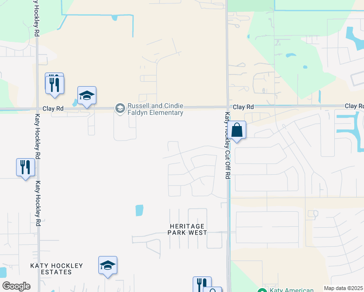 map of restaurants, bars, coffee shops, grocery stores, and more near 25003-25499 Clay Road in Katy