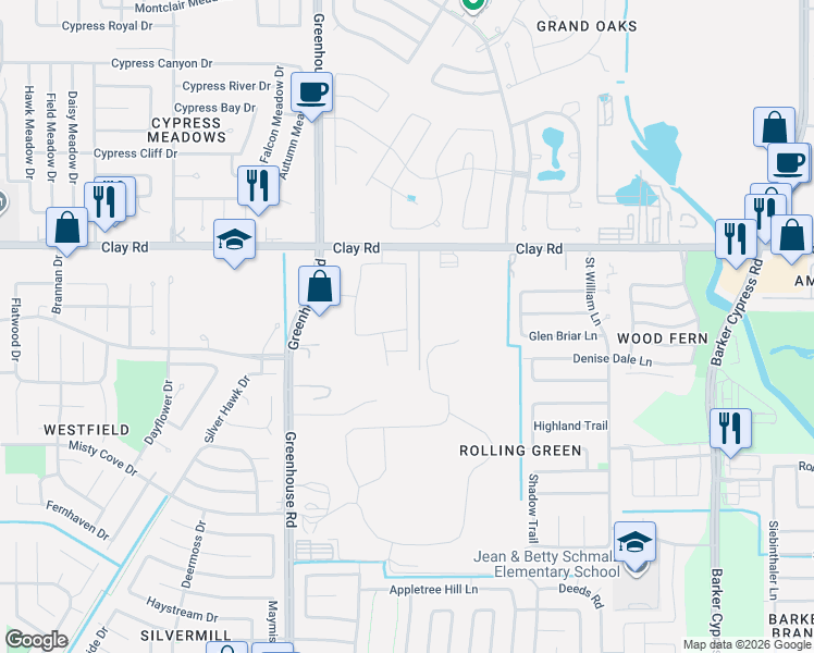 map of restaurants, bars, coffee shops, grocery stores, and more near 18785 Clay Road in Houston