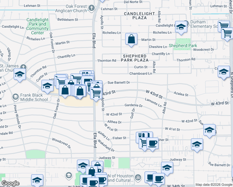 map of restaurants, bars, coffee shops, grocery stores, and more near 1066 West 43rd Street in Houston