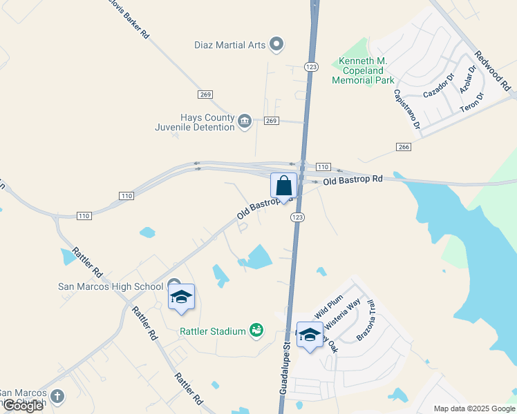 map of restaurants, bars, coffee shops, grocery stores, and more near 2304 South Old Bastrop Highway in San Marcos