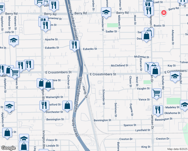 map of restaurants, bars, coffee shops, grocery stores, and more near 1700 East Crosstimbers Street in Houston