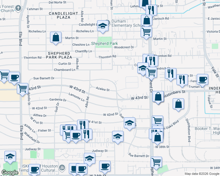 map of restaurants, bars, coffee shops, grocery stores, and more near 1317 Sue Barnett Drive in Houston