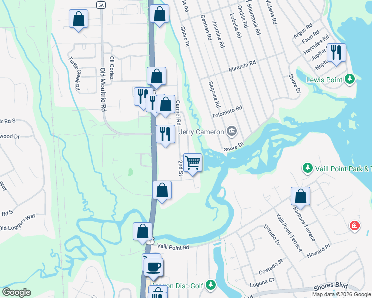 map of restaurants, bars, coffee shops, grocery stores, and more near 3531 Putnam Road in St. Augustine