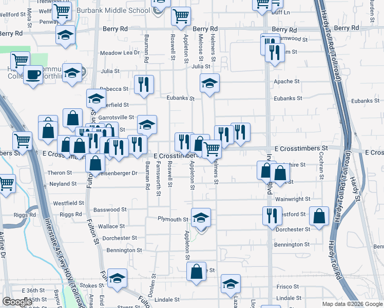 map of restaurants, bars, coffee shops, grocery stores, and more near 500 Van Molan Street in Houston