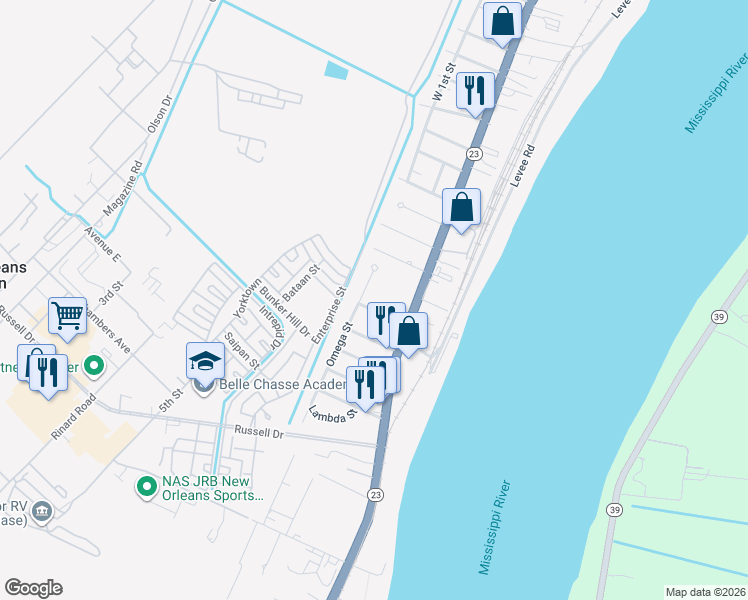 map of restaurants, bars, coffee shops, grocery stores, and more near 108 Omega Street in Belle Chasse