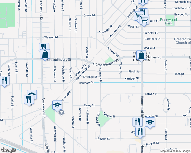 map of restaurants, bars, coffee shops, grocery stores, and more near 5618 Finch Street in Houston