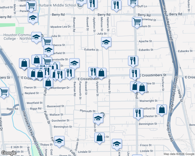 map of restaurants, bars, coffee shops, grocery stores, and more near 500 Van Molan Street in Houston