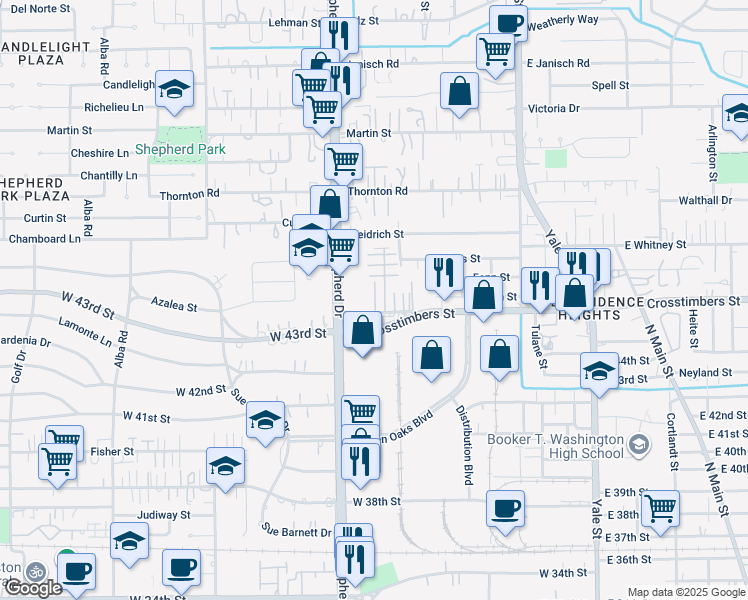 map of restaurants, bars, coffee shops, grocery stores, and more near 650 Westcross Street in Houston