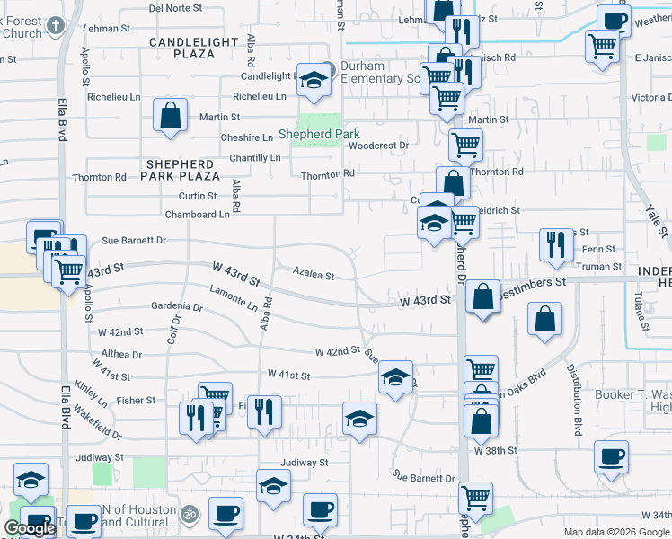 map of restaurants, bars, coffee shops, grocery stores, and more near 1317 Sue Barnett Drive in Houston