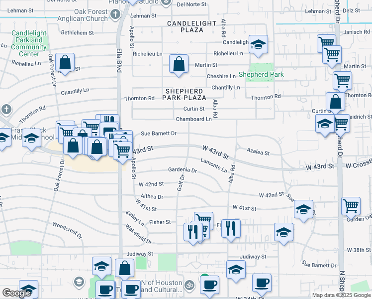 map of restaurants, bars, coffee shops, grocery stores, and more near 1006 West 43rd Street in Houston