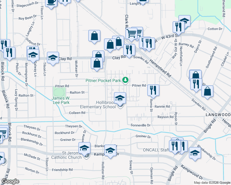 map of restaurants, bars, coffee shops, grocery stores, and more near 3950 Hollister Road in Houston