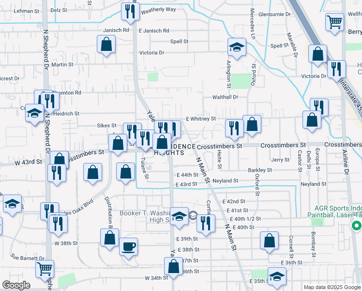 map of restaurants, bars, coffee shops, grocery stores, and more near 8909 North Main Street in Houston
