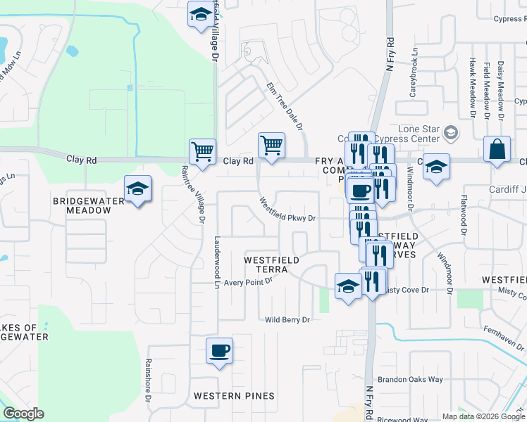 map of restaurants, bars, coffee shops, grocery stores, and more near 20431 Westfield Parkway in Katy