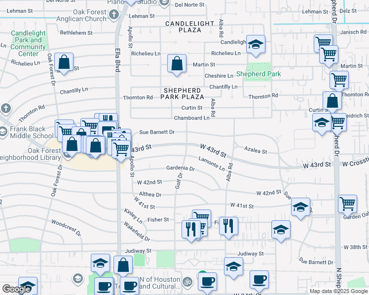 map of restaurants, bars, coffee shops, grocery stores, and more near 1006 West 43rd Street in Houston