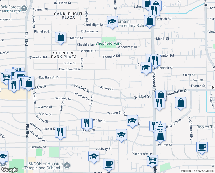 map of restaurants, bars, coffee shops, grocery stores, and more near 1339 Sue Barnett Drive in Houston