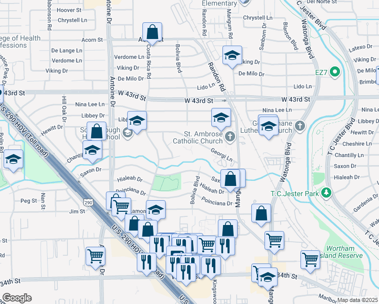 map of restaurants, bars, coffee shops, grocery stores, and more near 5005 Georgi Lane in Houston