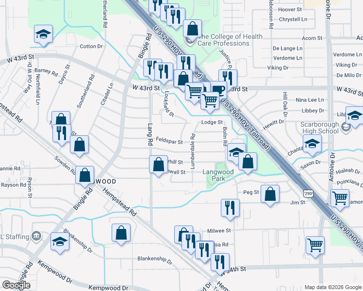 map of restaurants, bars, coffee shops, grocery stores, and more near 4103 Lumberdale Road in Houston