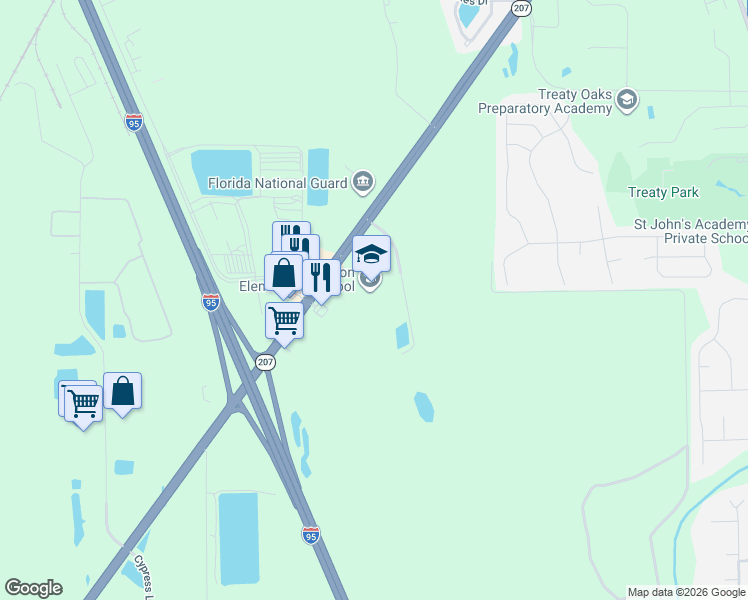 map of restaurants, bars, coffee shops, grocery stores, and more near 220 Mason Manatee Way in St Augustine